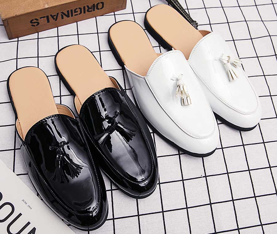 Men's patent tassel on vamp slip on shoe mules