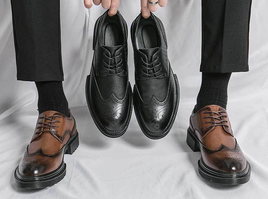 Men's retro wingtip brogue pattern derby dress shoes