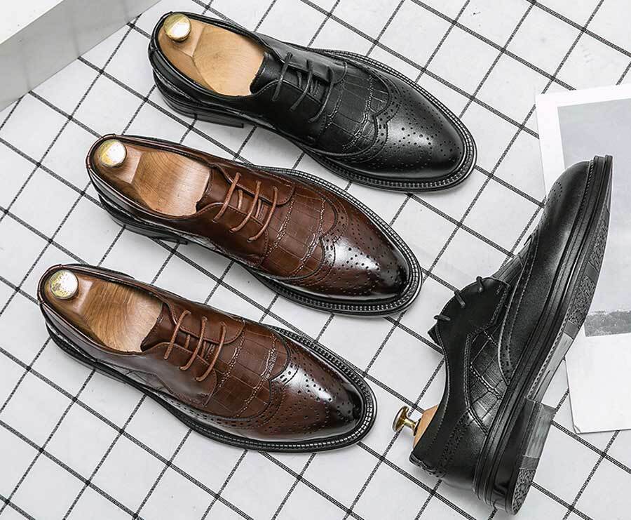 Men's retro wingtip brogue croc pattern derby dress shoes