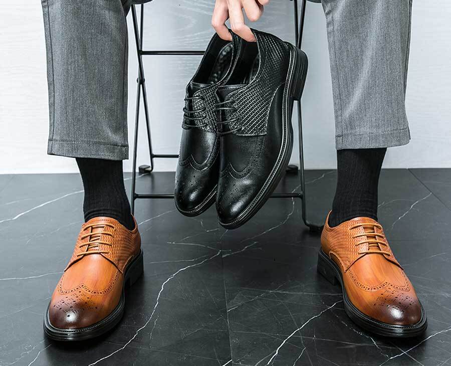 Men's retro wingtip brogue check accents derby dress shoes