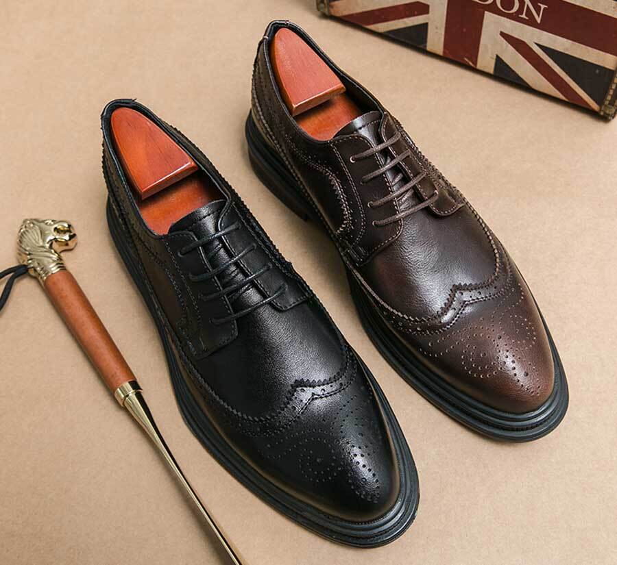 Men's retro long wing brogue derby dress shoes