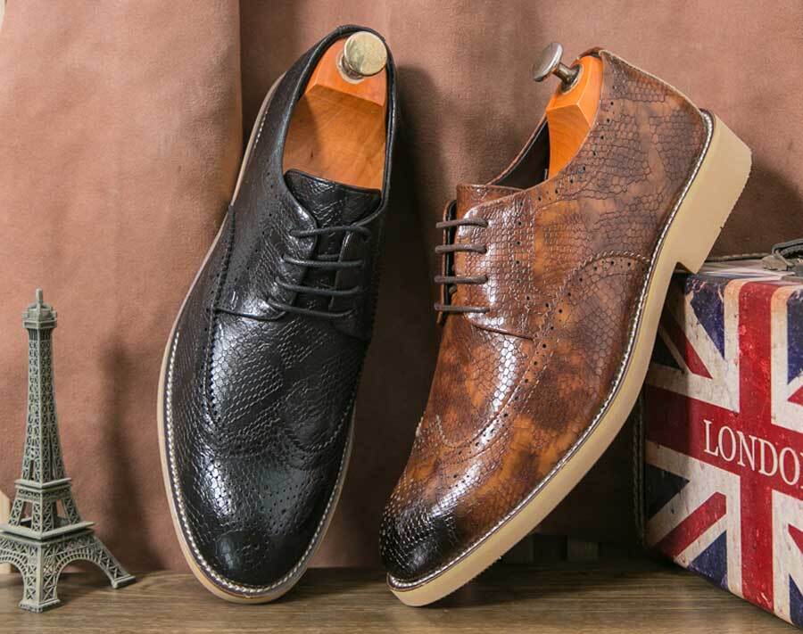 Men's retro wingtip brogue snake skin pattern derby dress shoes
