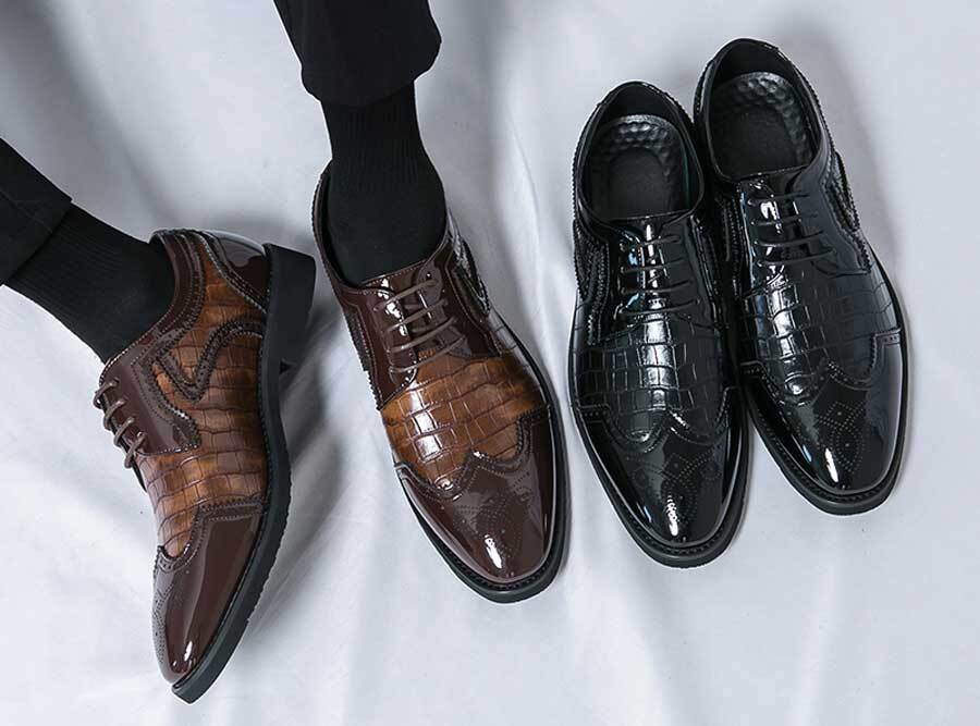 Men's retro croc skin patent wingtip brogue derby dress shoes