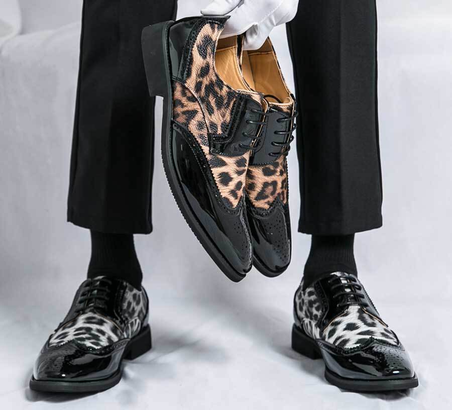 Men's leopard patent wingtip brogue derby dress shoes