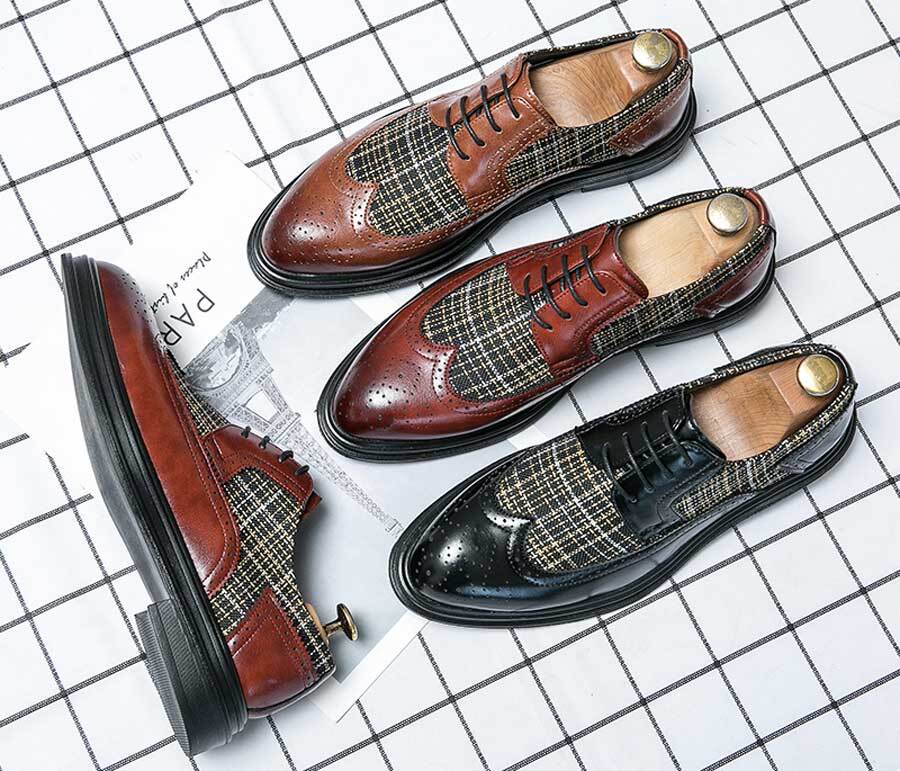Men's retro check pattern wingtip brogue derby dress shoes