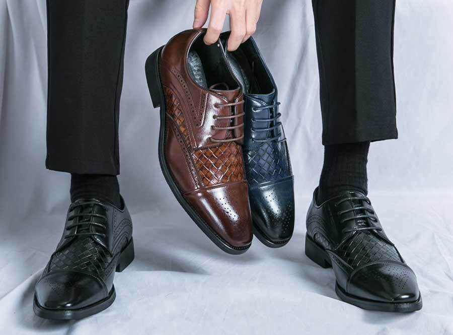Men's check pattern brogue cap toe derby dress shoes