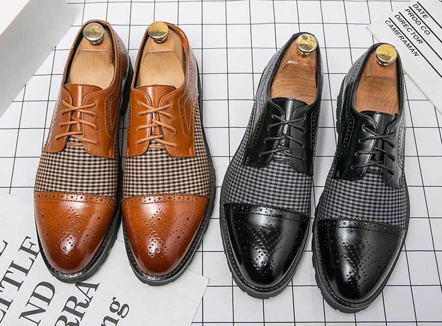 Men's check pattern retro brogue derby dress shoes