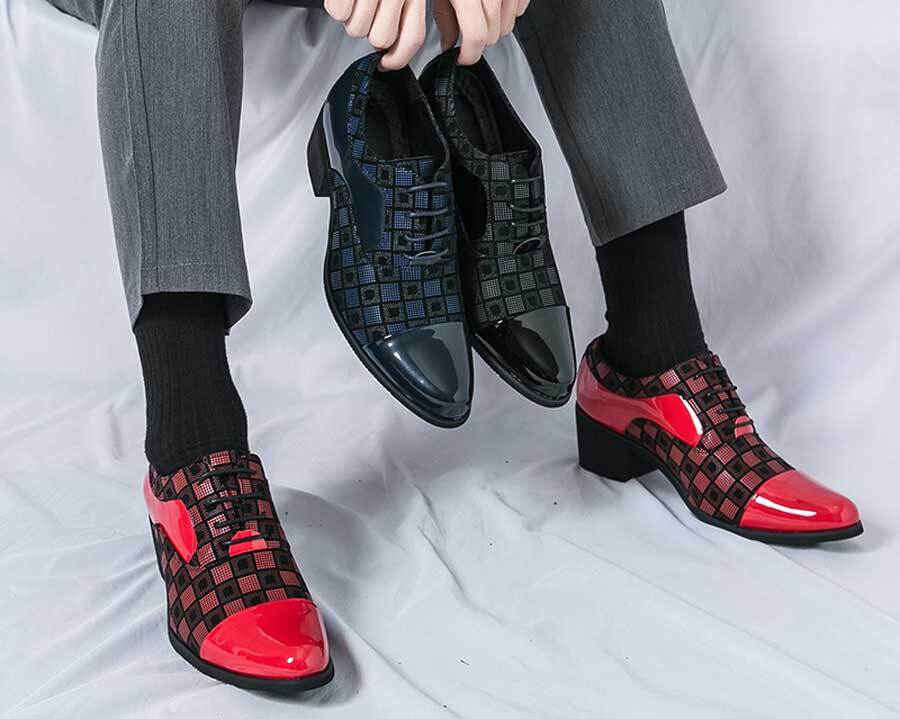 Men's check pattern cap point toe heel oxford dress shoes