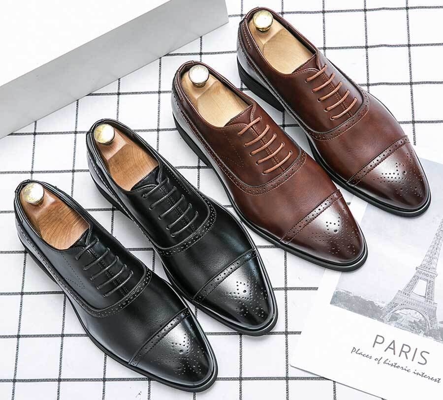 Men's retro semi brogue point toe oxford dress shoes