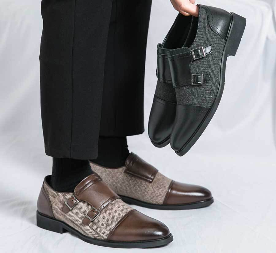 Men's arrow stripe double monk strap slip on dress shoes