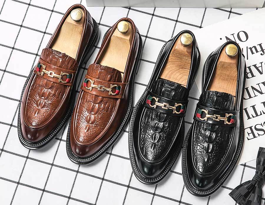 Men's retro croc skin pattern metal buckle slip on dress shoes