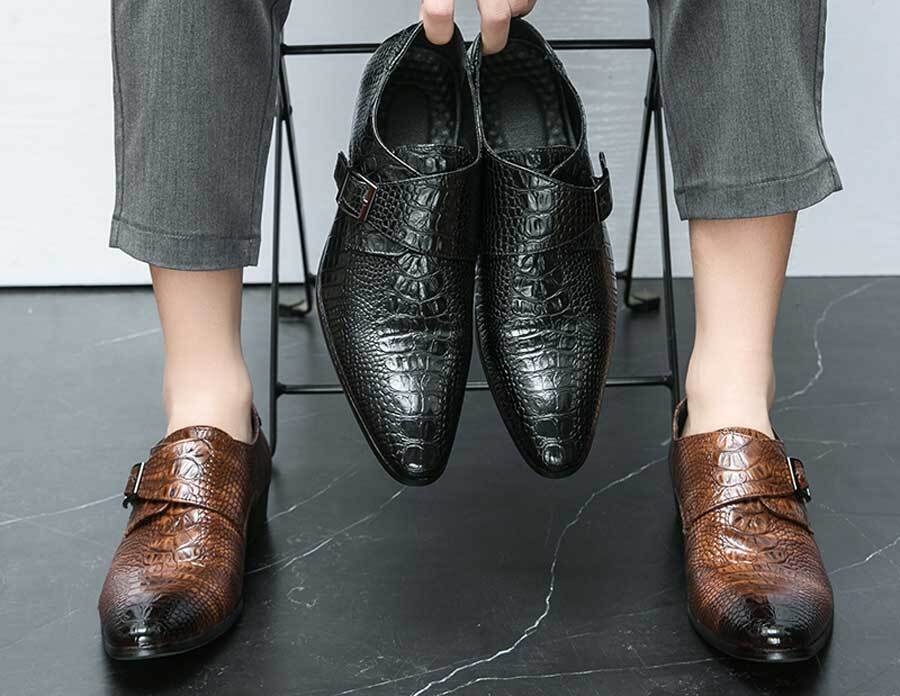 Men's retro croc skin pattern point toe monk slip on dress shoes