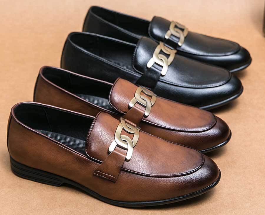 Men's retro chain metal buckle slip on dress shoes