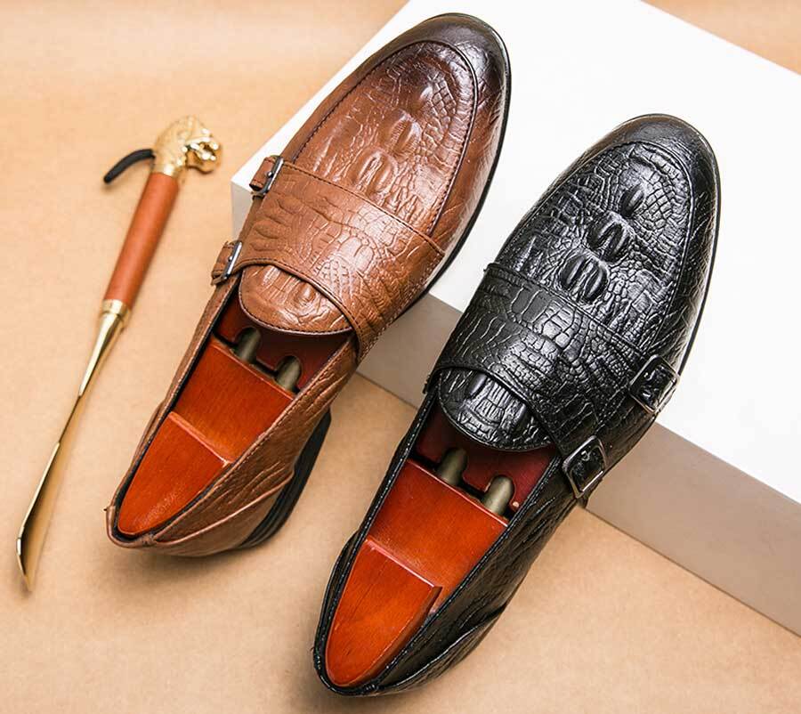 Men's retro croc pattern double monk slip on dress shoes