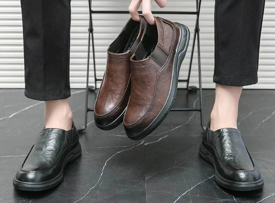 Men's retro plain stretch entry slip on dress shoes
