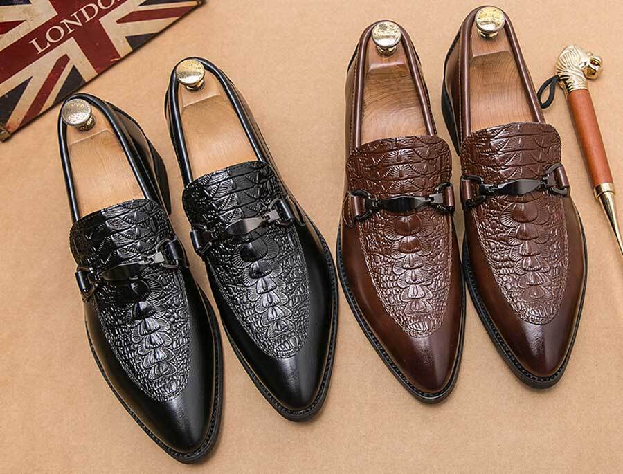 Men's croc pattern metal buckle point toe slip on dress shoes