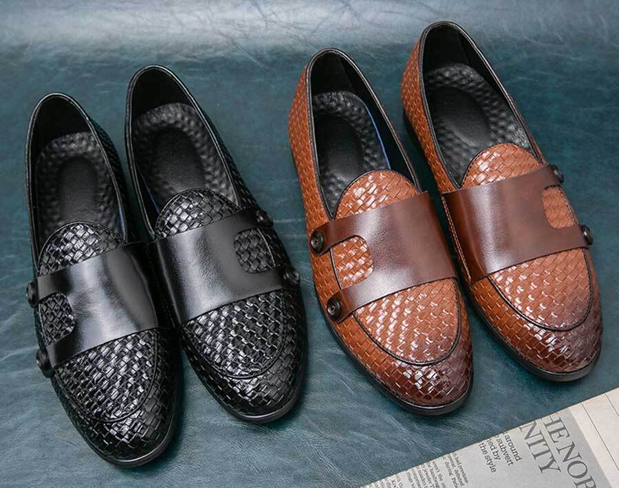 Men's retro weave pattern monk strap slip on dress shos