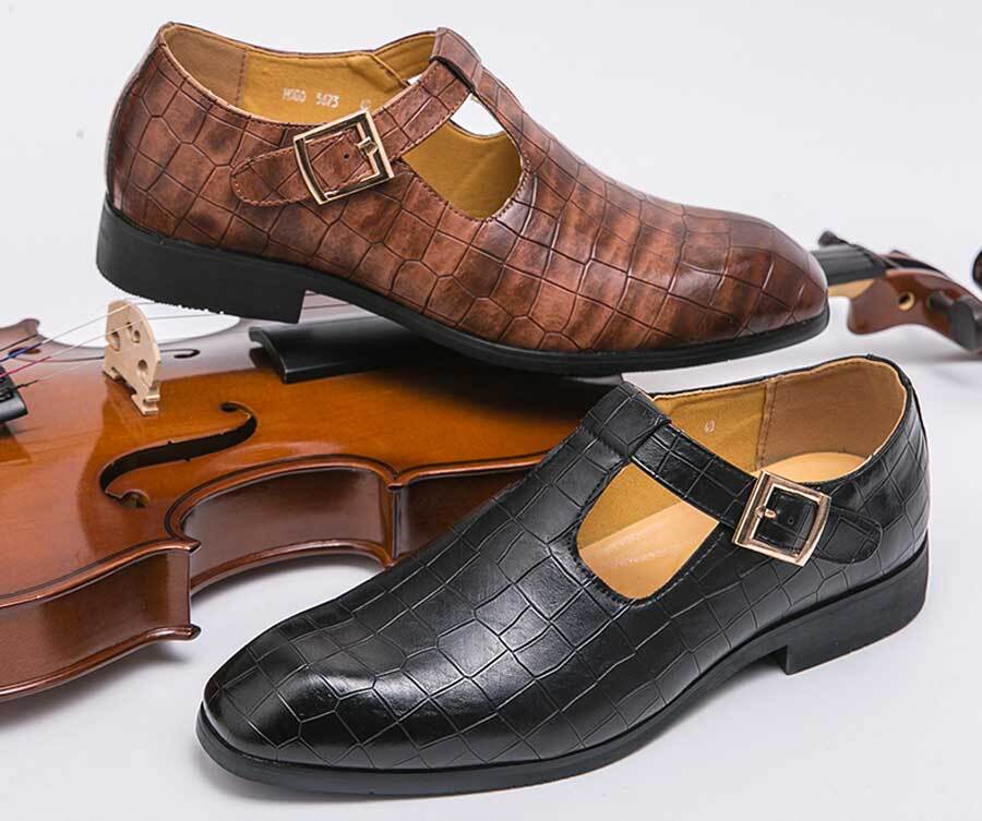 Men's retro croc pattern cut out buckle strap slip on dress shoes