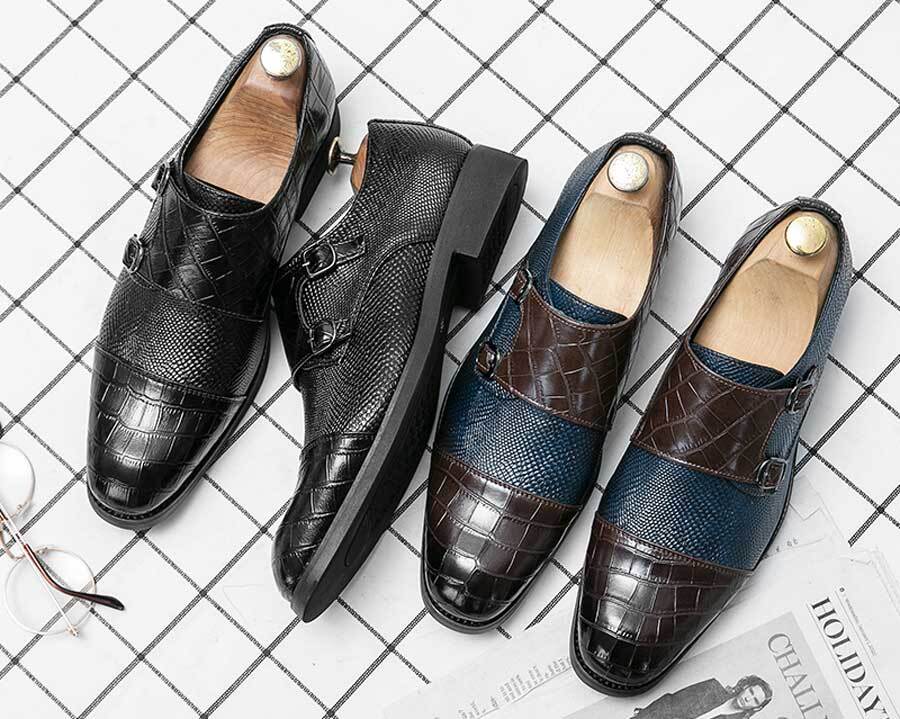 Men's croc skin pattern monk strap slip on dress shoes