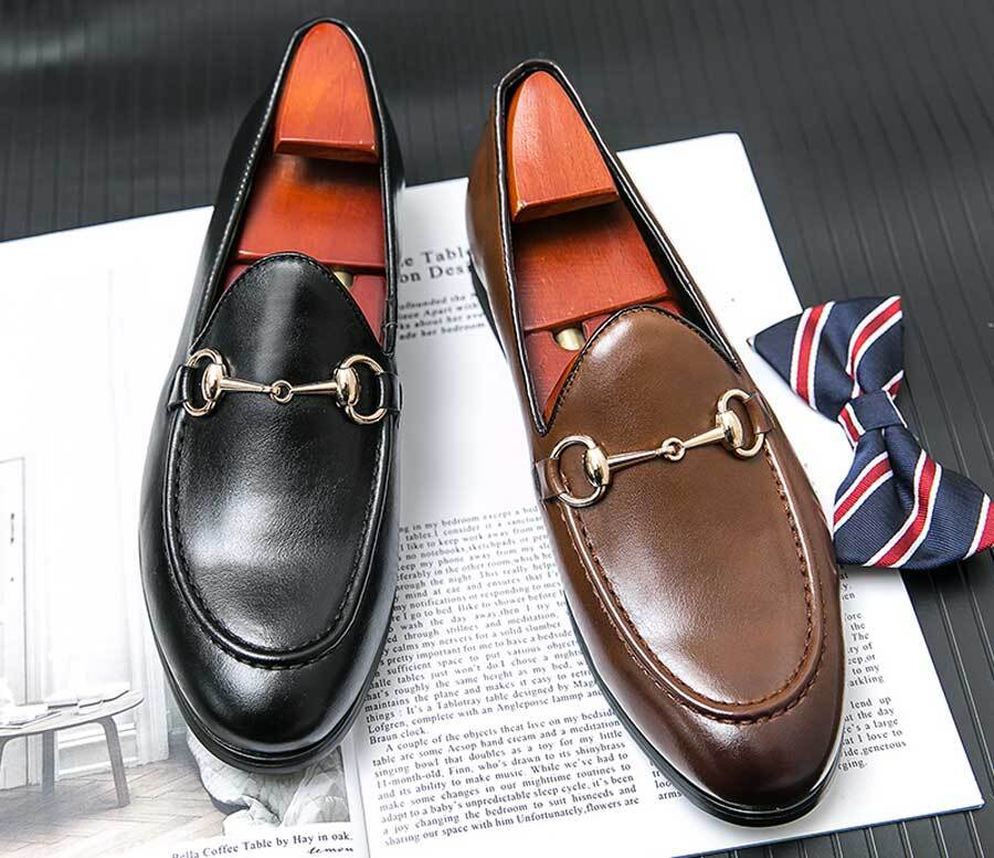Men's metal buckle on top slip on dress shoes