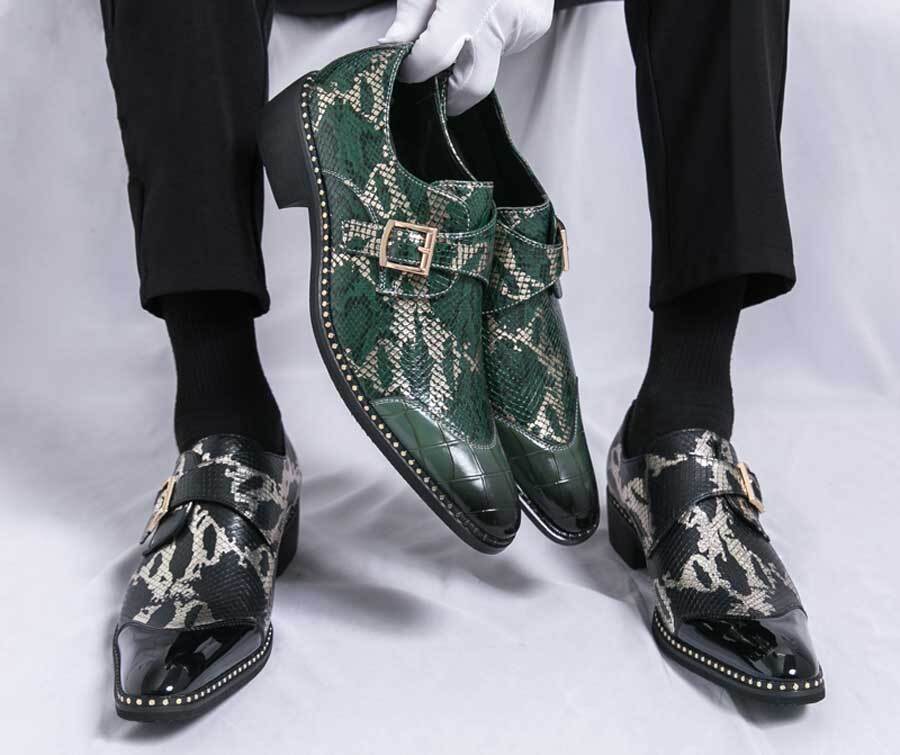 Men's retro snake skin pattern monk slip on dress shoes