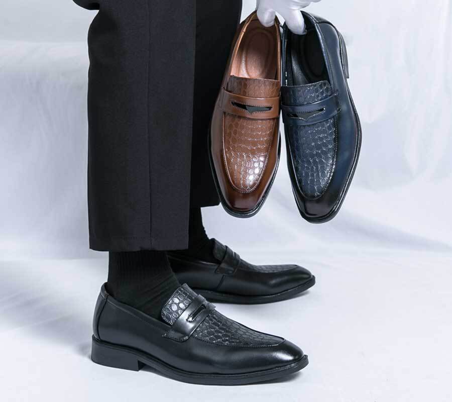 Men's retro croc skin pattern penny slip on dress shoes