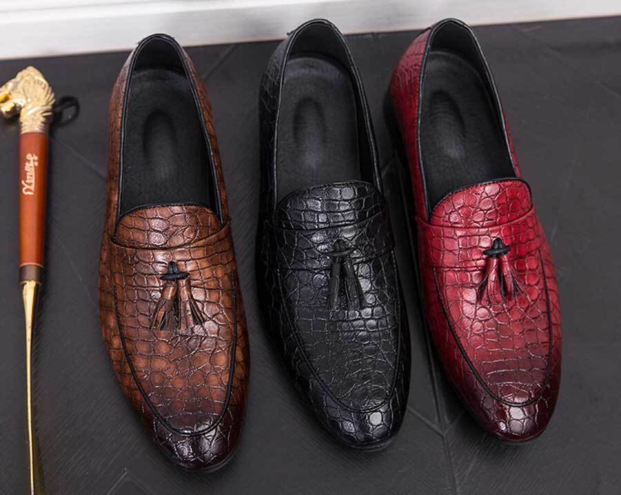 Men's retro tassel crocodile pattern penny slip on dress shoes