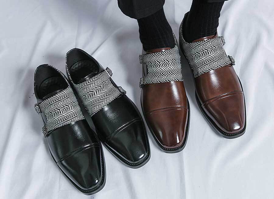 Men's cap toe stripe monk strap slip on dress shoes