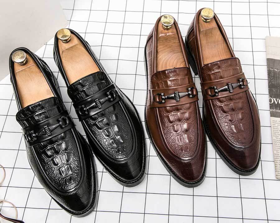 Men's croc pattern metal buckle penny slip on dress shoes
