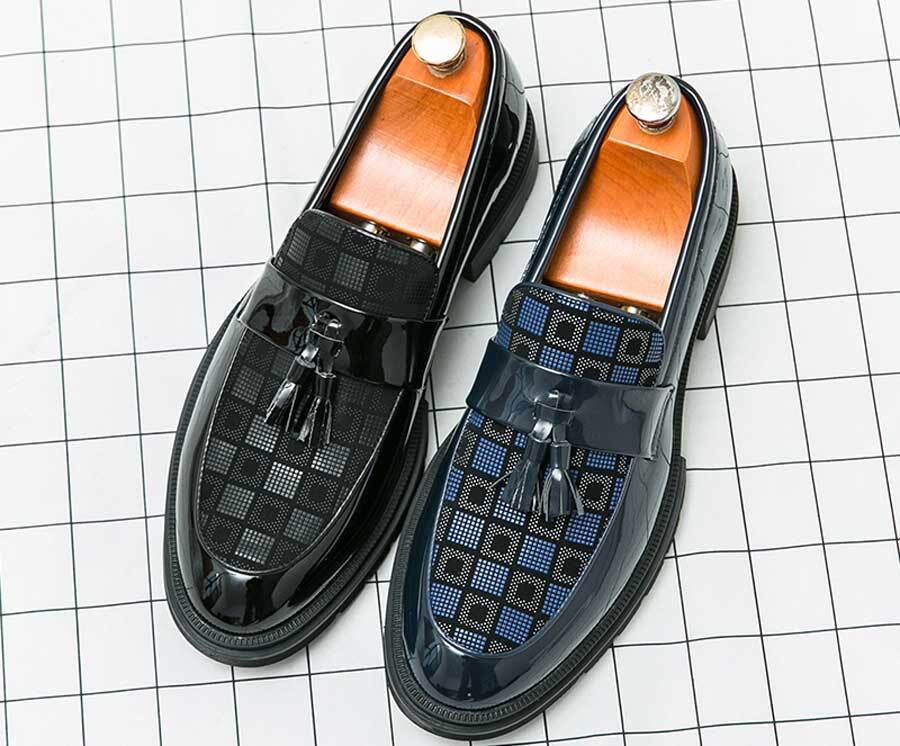 Men's check pattern tassel penny slip on dress shoes