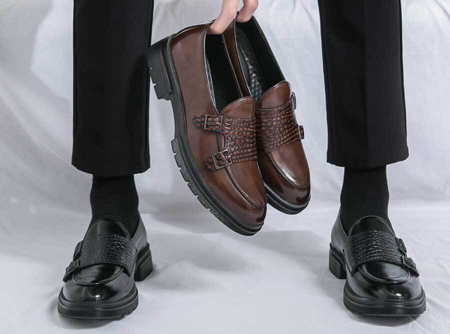 Men's croc skin pattern monk strap slip on dress shoes