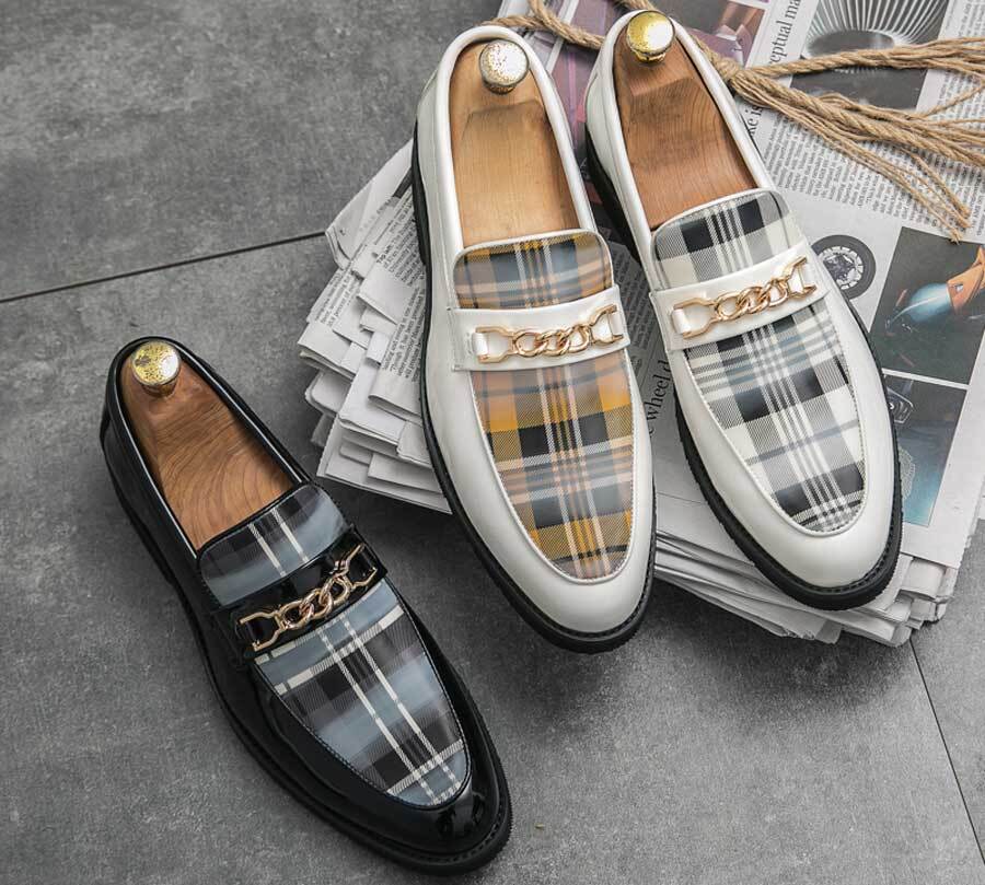 Men's check pattern chain metal penny slip on dress shoes