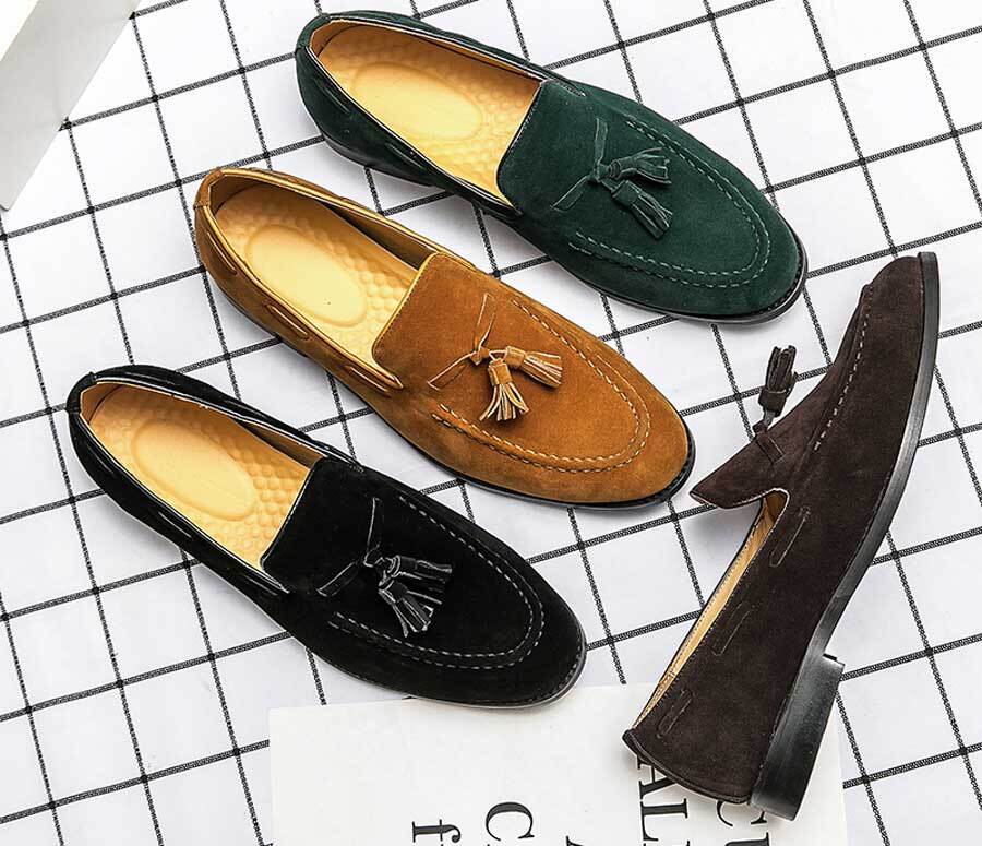 Men's suede tassel sewn accents slip on dress shoes