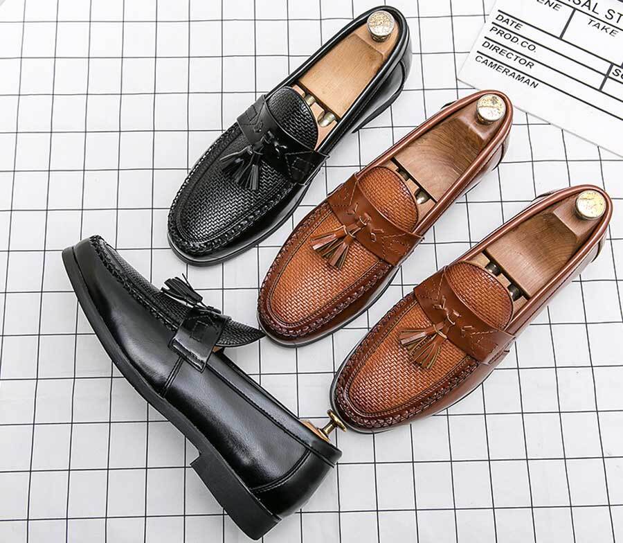 Men's weave pattern tassel penny slip on dress shoes