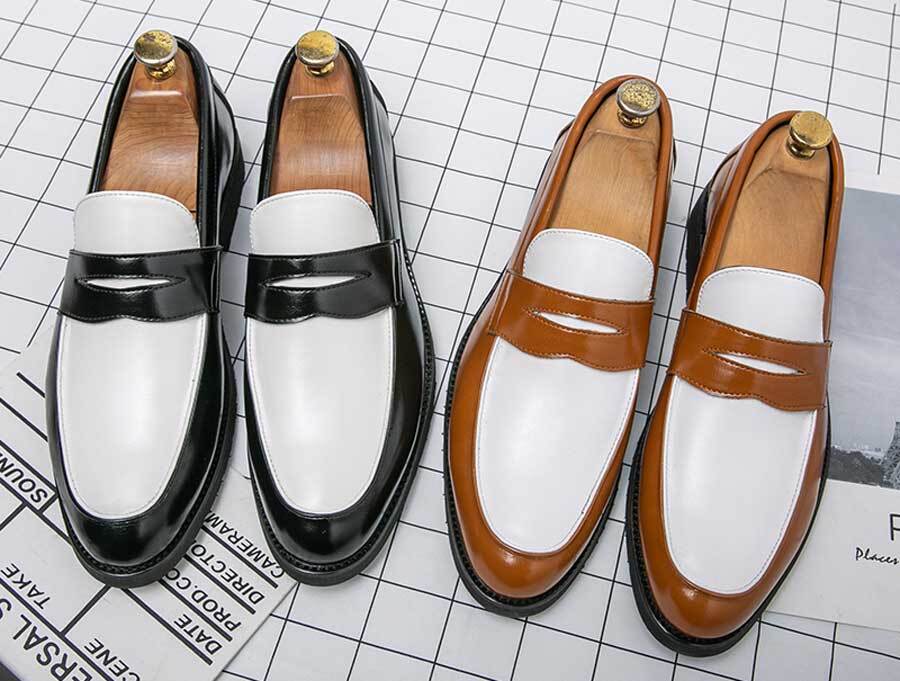 Men's two tone penny strap slip on dress shoes