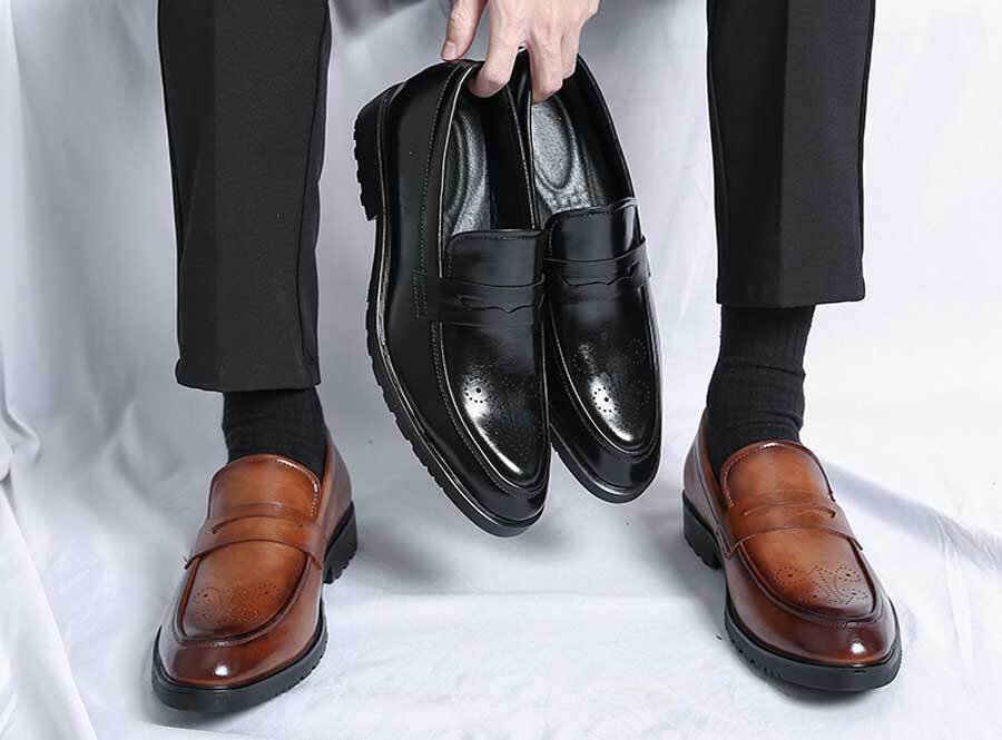Men's retro brogue penny strap slip on dress shoes