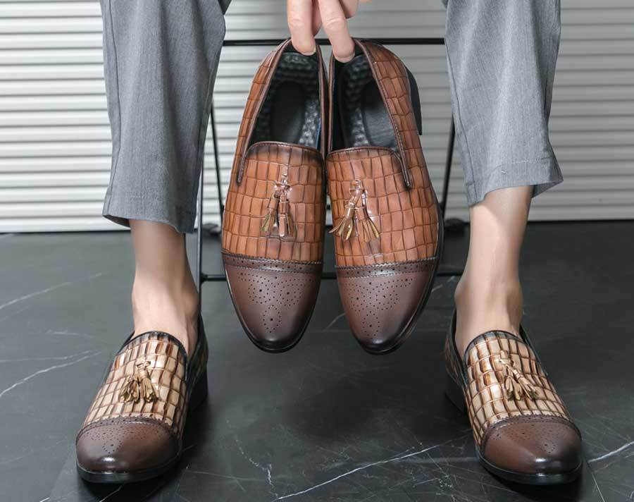 Men's brogue croc pattern tassel two tone slip on dress shoes