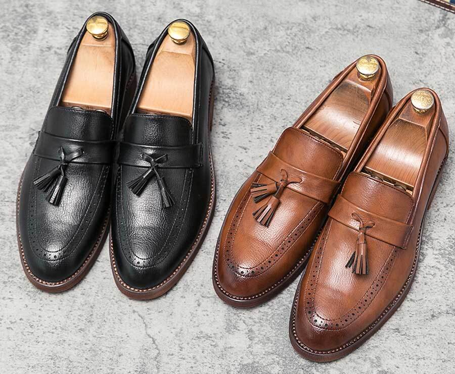 Men's retro brogue top tassel penny slip on dress shoes