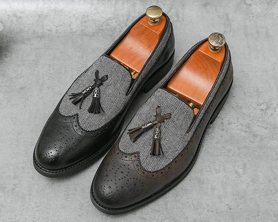 Men's long wing brogue top tassel stripe slip on dress shoes