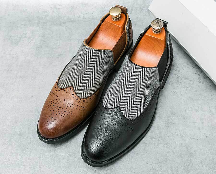 Men's retro wingtip brogue stripe pattern slip on dress shoes