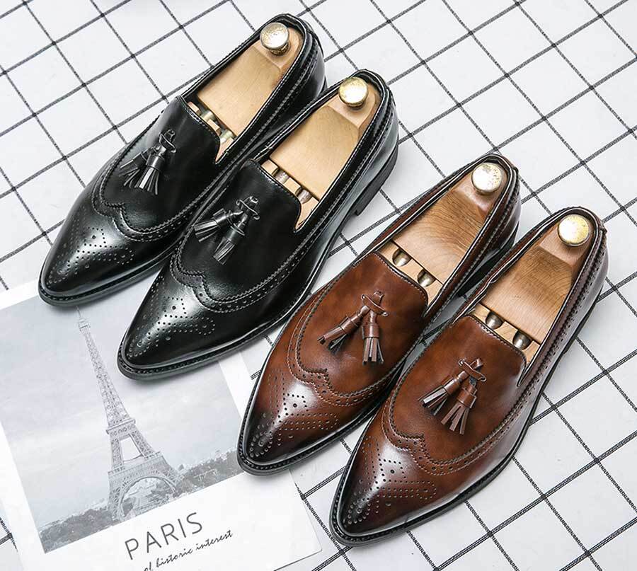 Men's retro long wing brogue tassel point toe slip on dress shoes