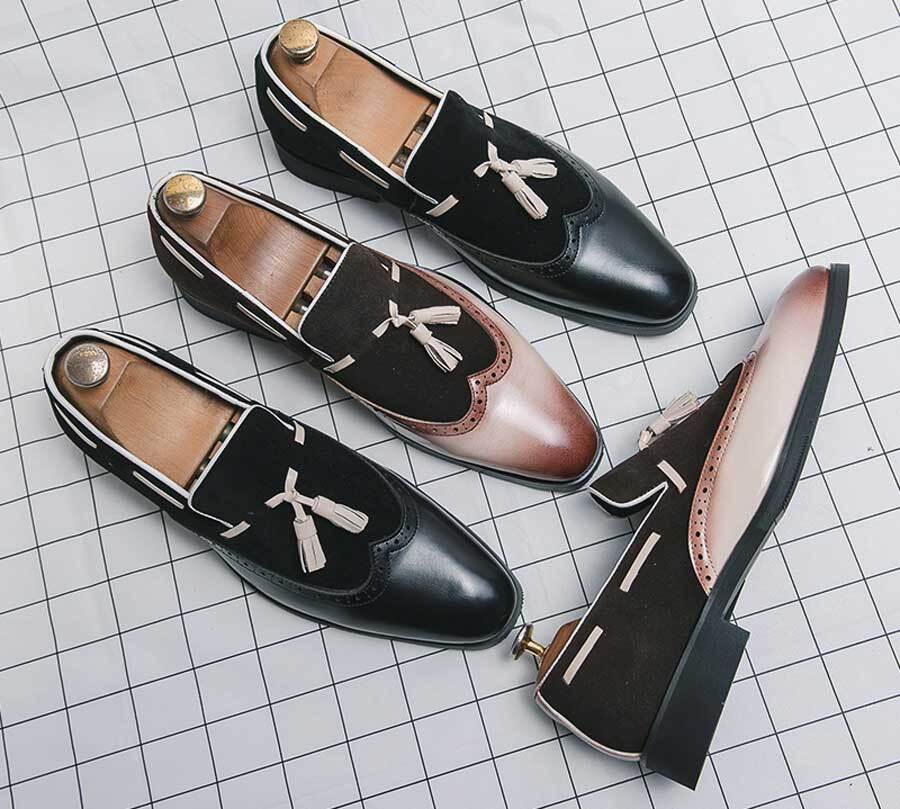 Men's retro wingtip brogue top tassel slip on dress shoes