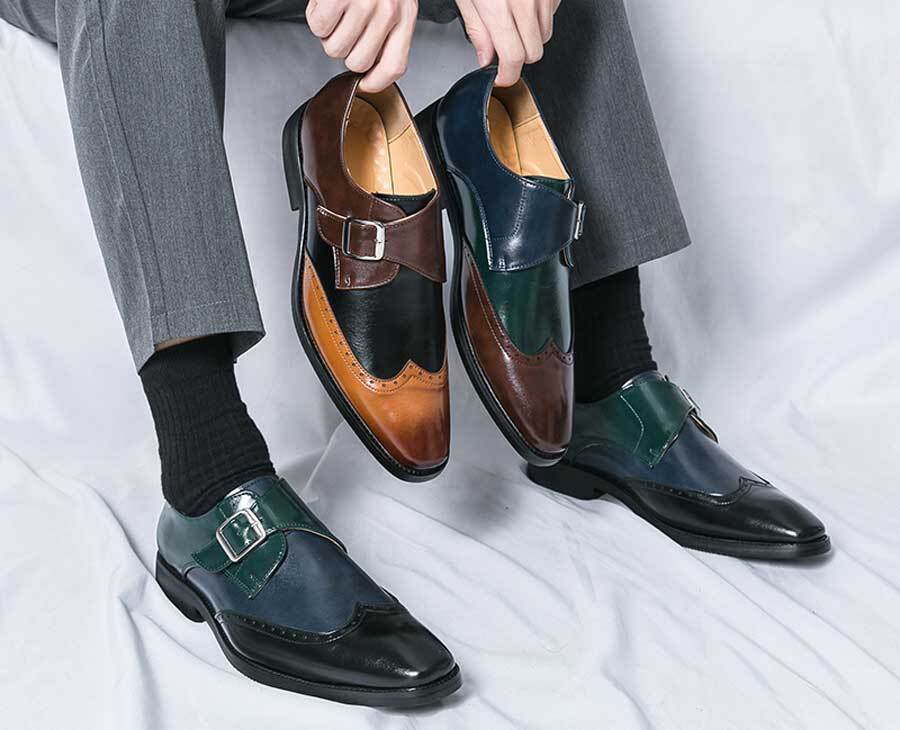 Men's wingtip brogue two tone monk strap slip on dress shoes