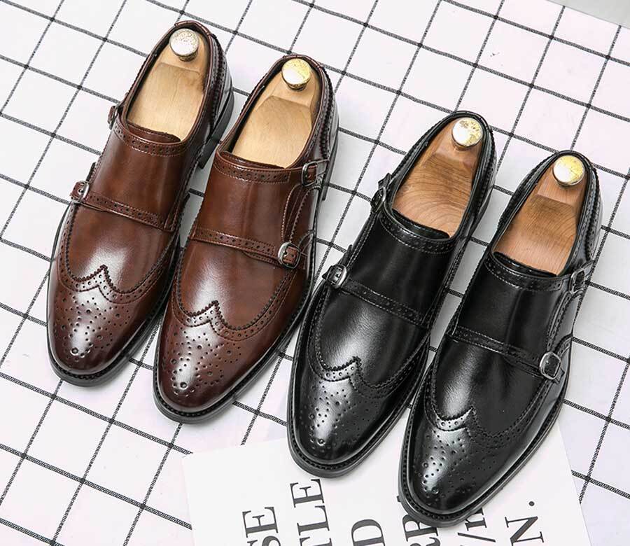 Men's retro wingtip brogue monk strap slip on dress shoes
