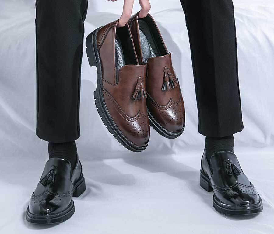 Men's wingtip brogue tassel on top slip on dress shoes