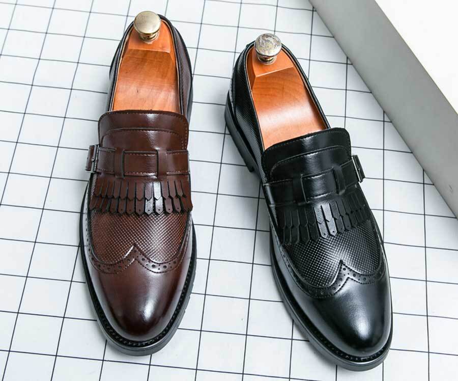 Men's retro wingtip brogue tassel monk strap slip on dress shoes