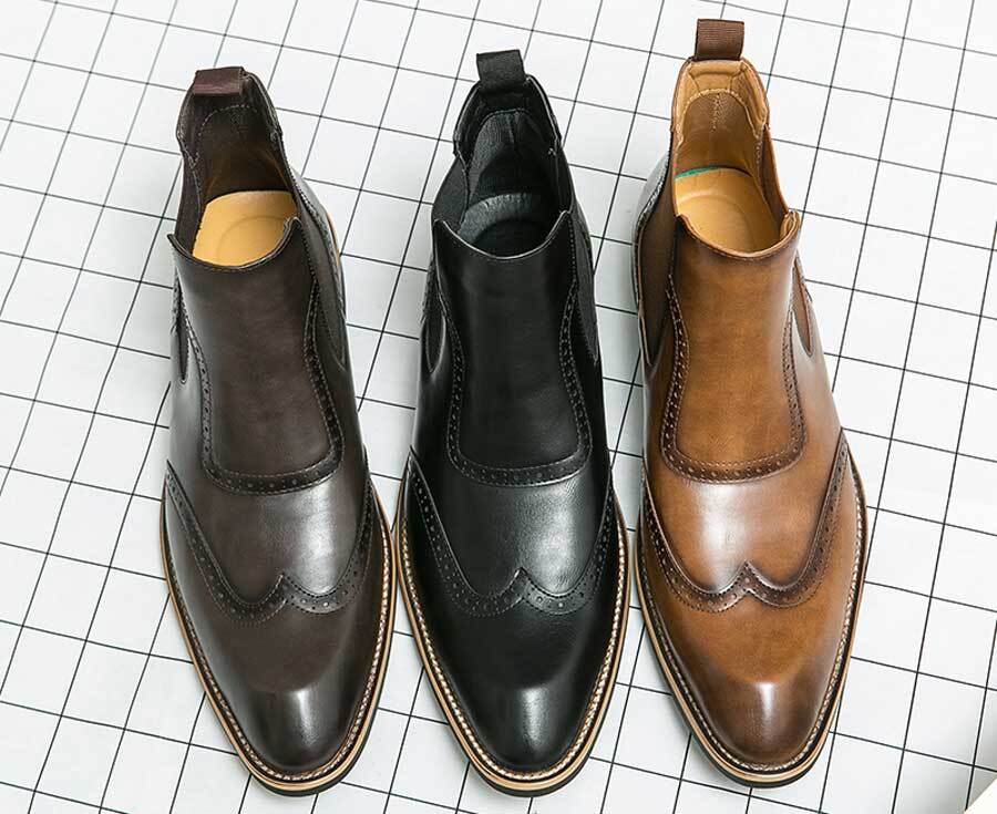 Men's retro wingtip brogue slip on shoe boots stretch entry