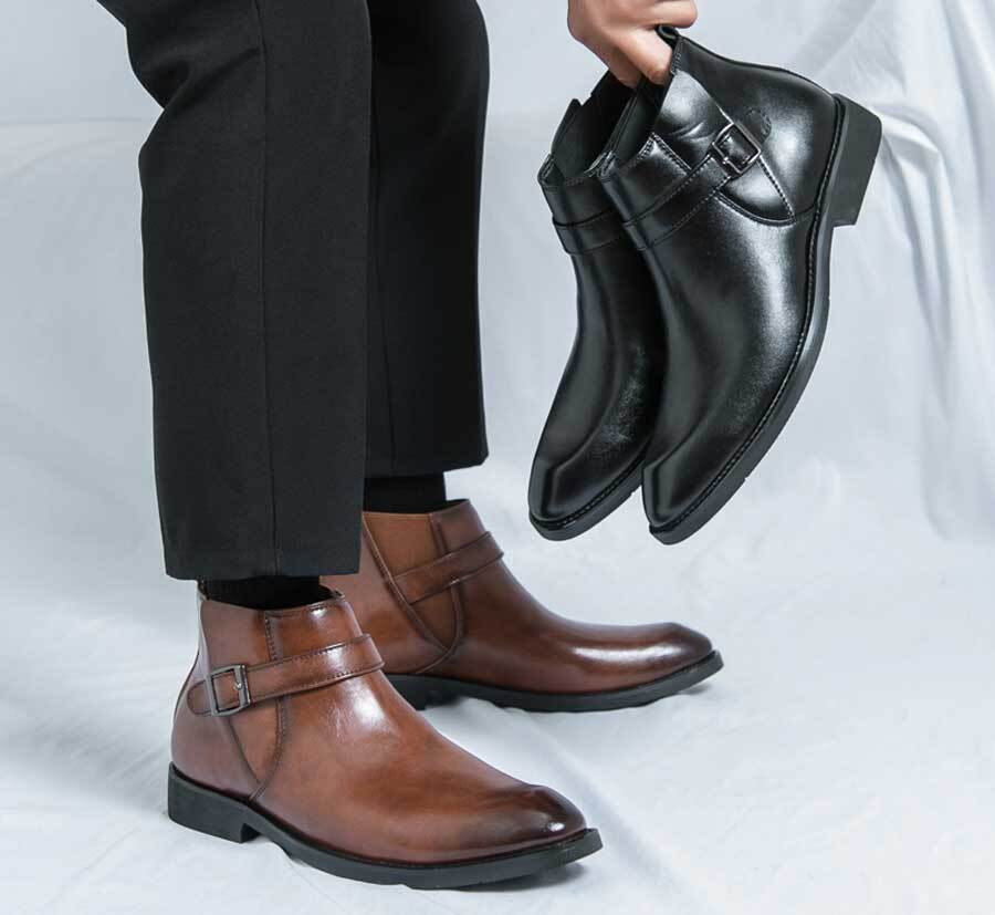 Men's retro buckle strap slip on shoe boots stretch entry