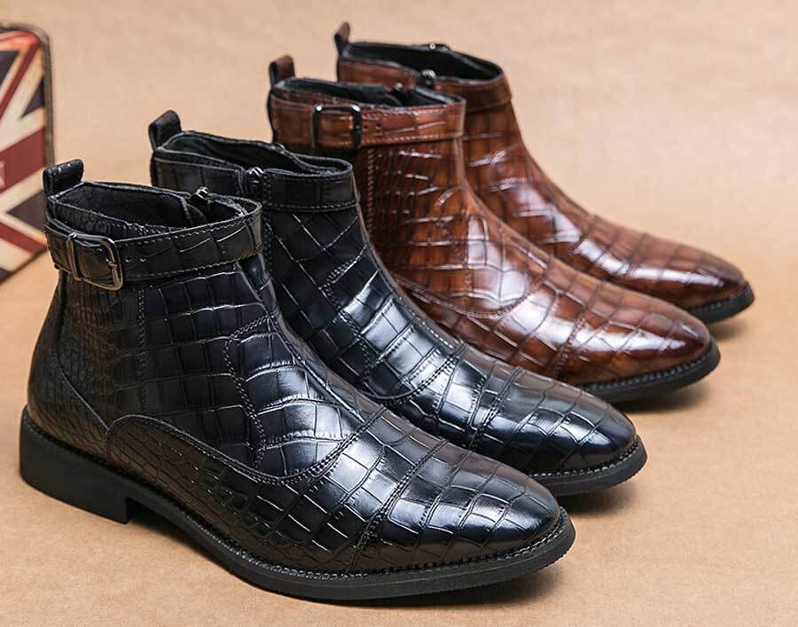 Men's retro croc pattern side zip buckle strap slip on shoe boot
