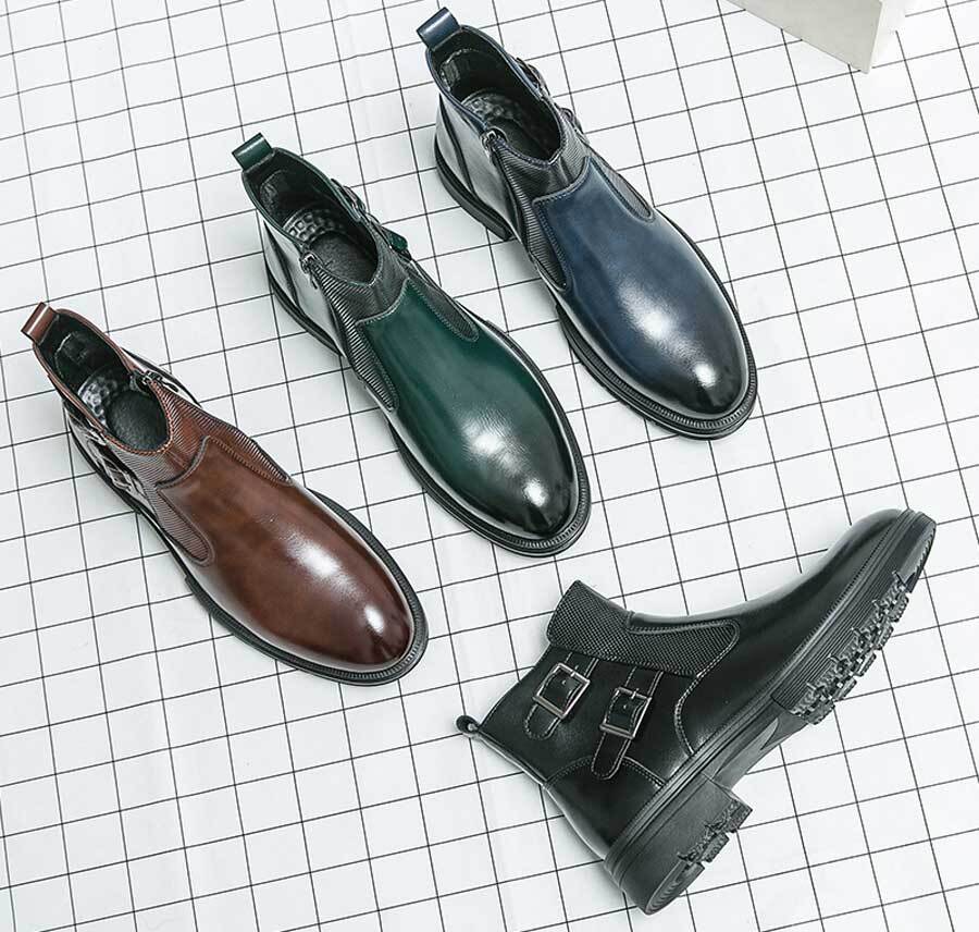 Men's retro buckle accents side zip slip on shoe boots